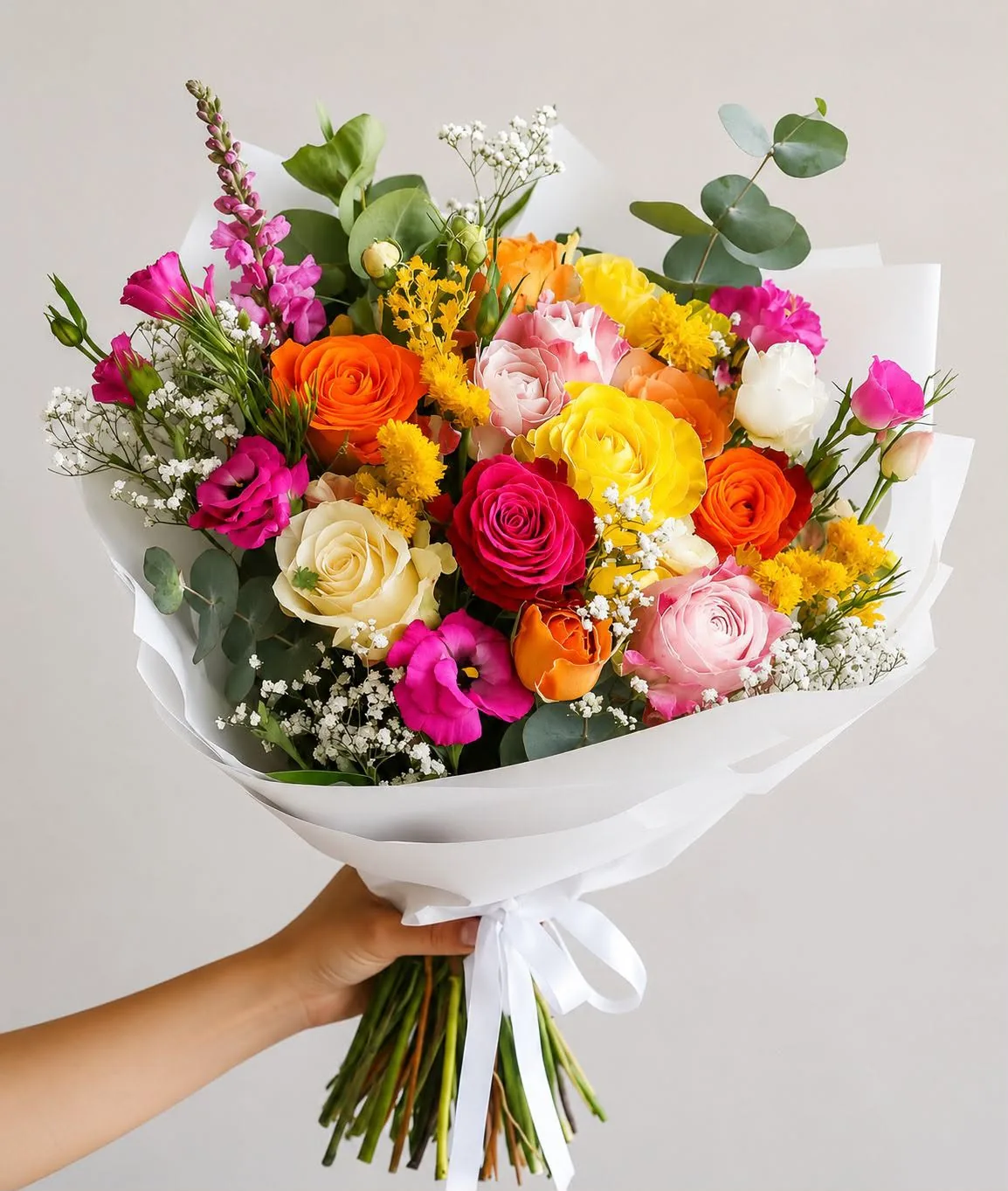 Buquê colorido com rosas, lisianthus e flores do campo entregue pela Akio Floricultura em São Paulo